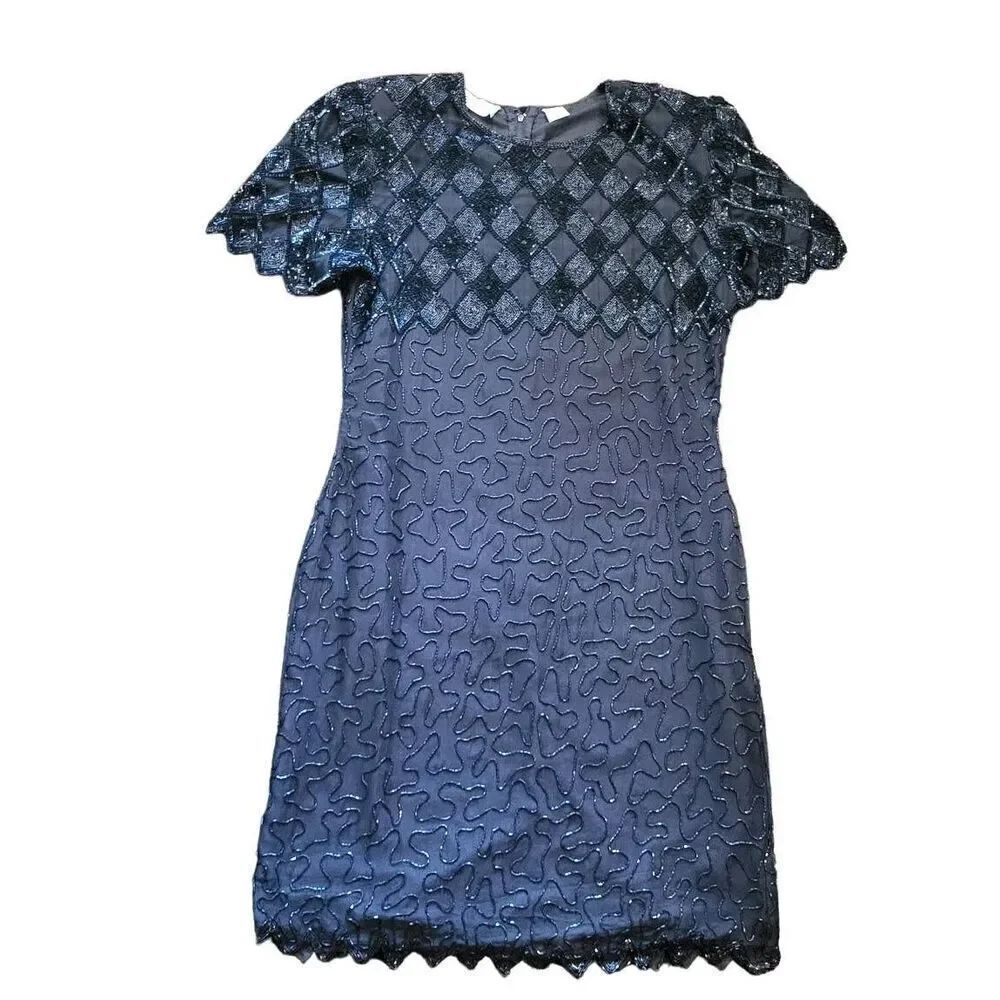 NWT Laurence Kazar Dress Women's Large Black Vintage Deadstock Beaded Cocktail